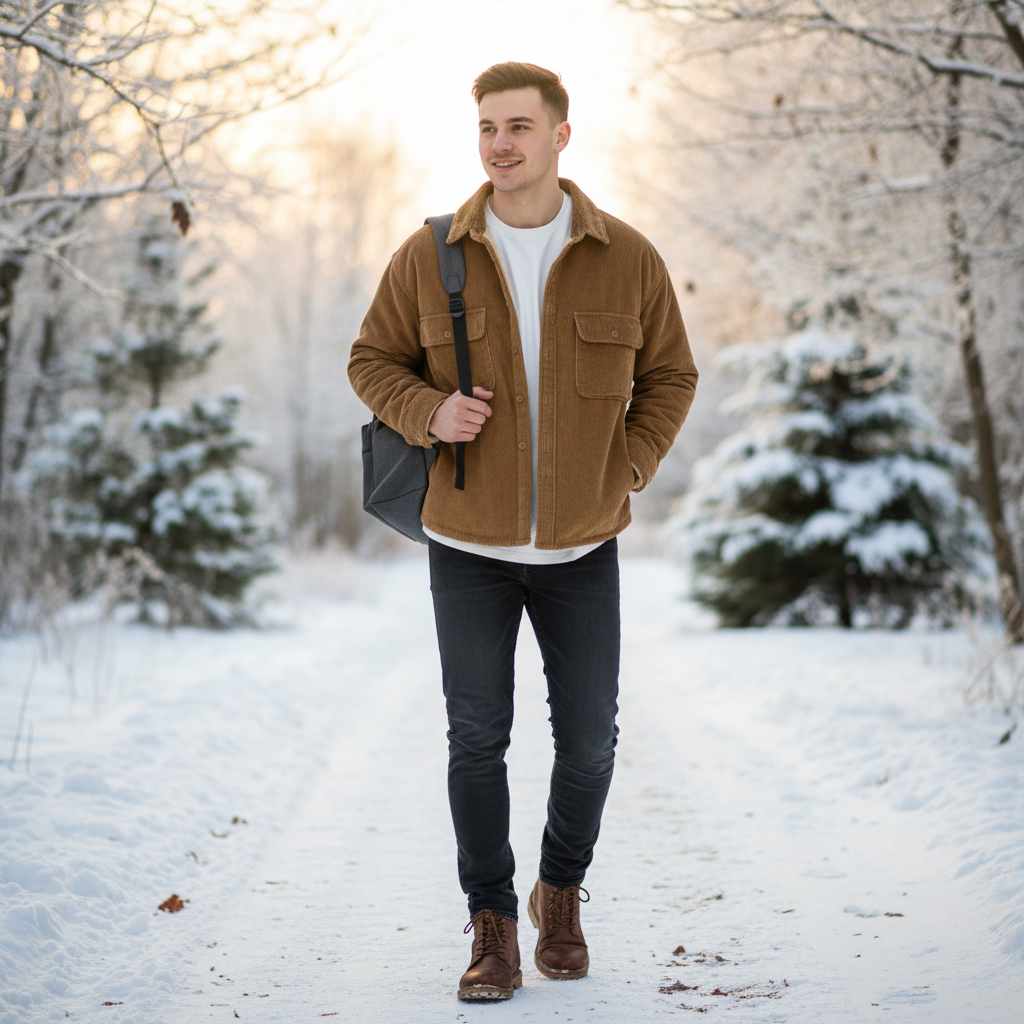 Men's ribbed jacket with contrasting sherpa collar, button front and chest pockets