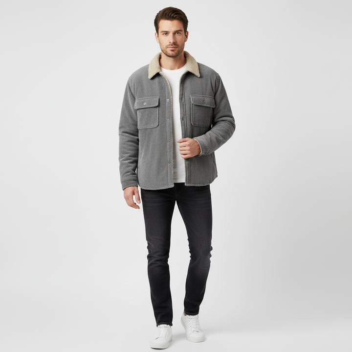 Men's ribbed jacket with contrasting sherpa collar, button front and chest pockets