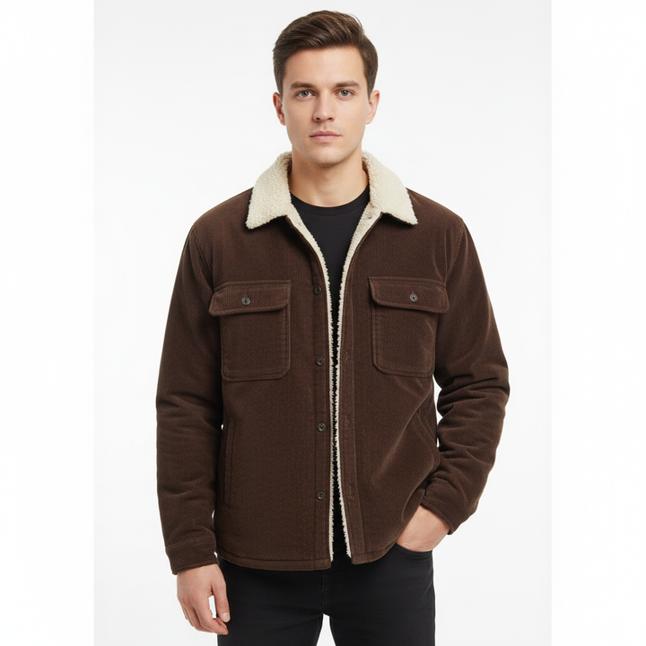 Men's ribbed jacket with contrasting sherpa collar, button front and chest pockets