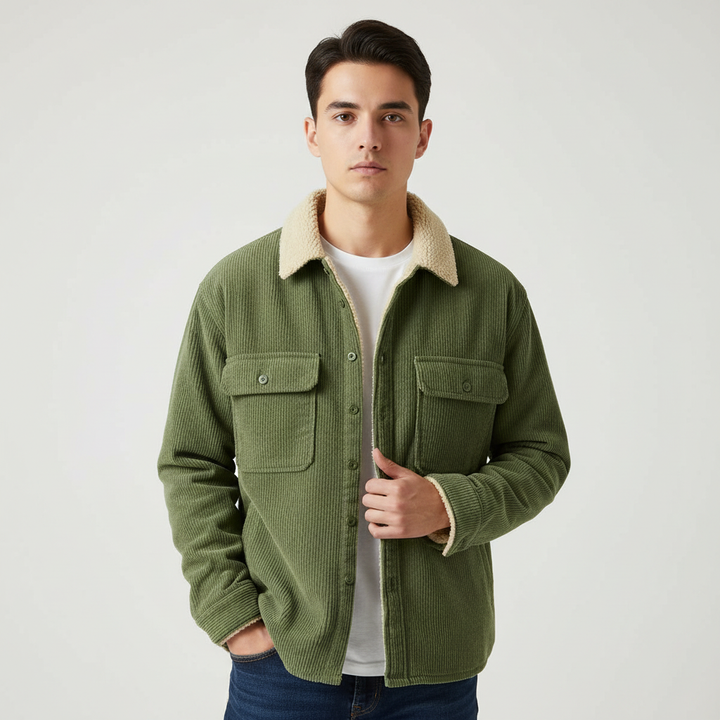 Men's ribbed jacket with contrasting sherpa collar, button front and chest pockets
