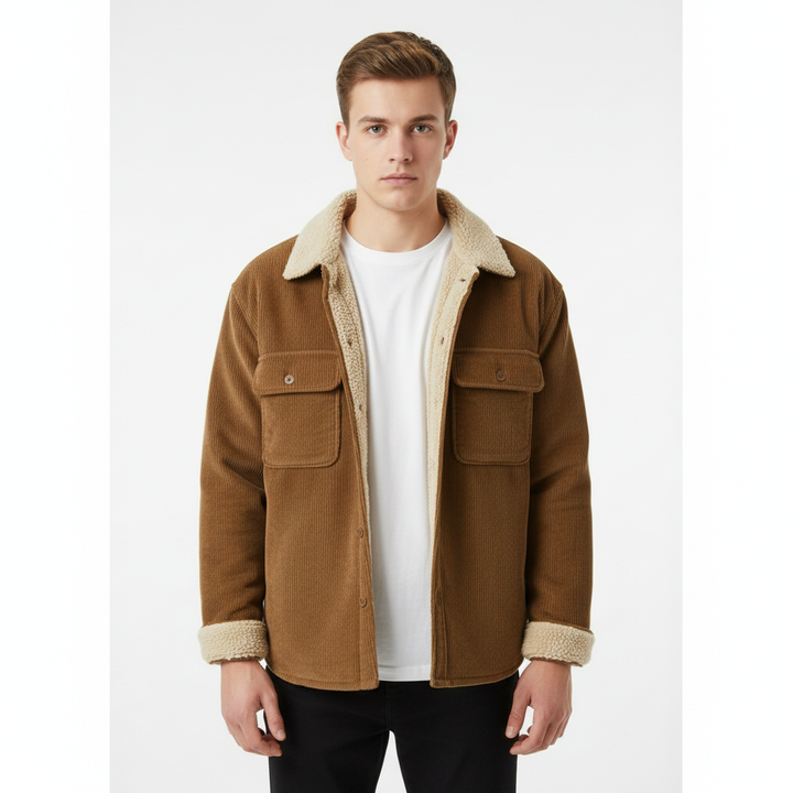 Men's ribbed jacket with contrasting sherpa collar, button front and chest pockets