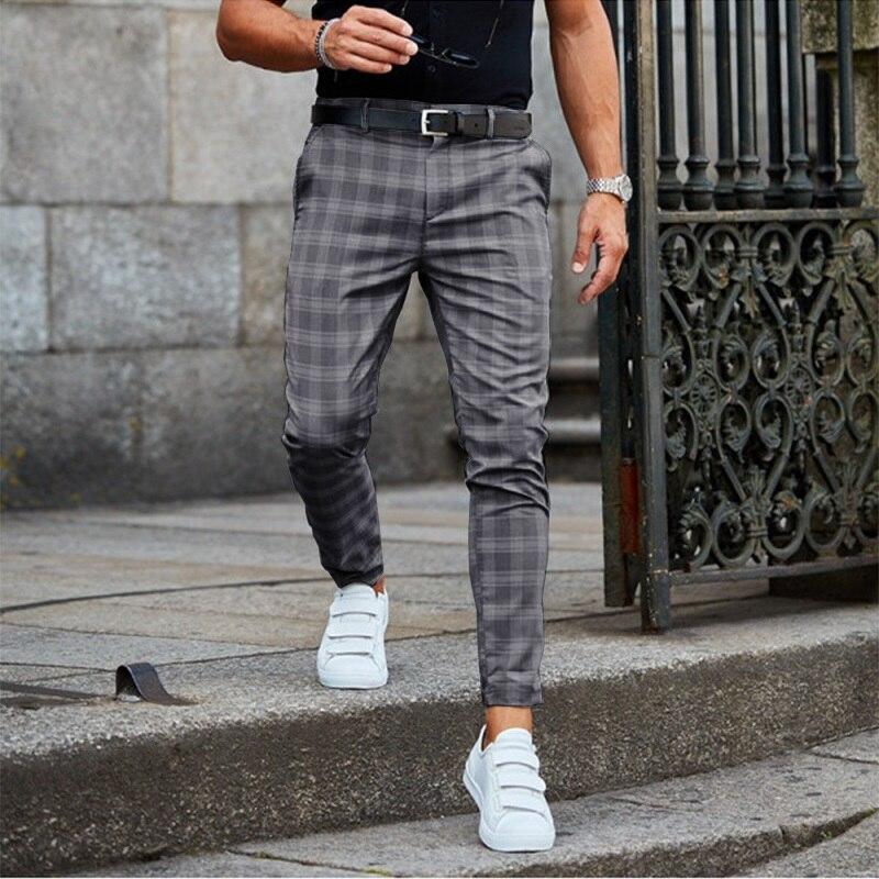 Men's checked slim fit trousers with tapered legs