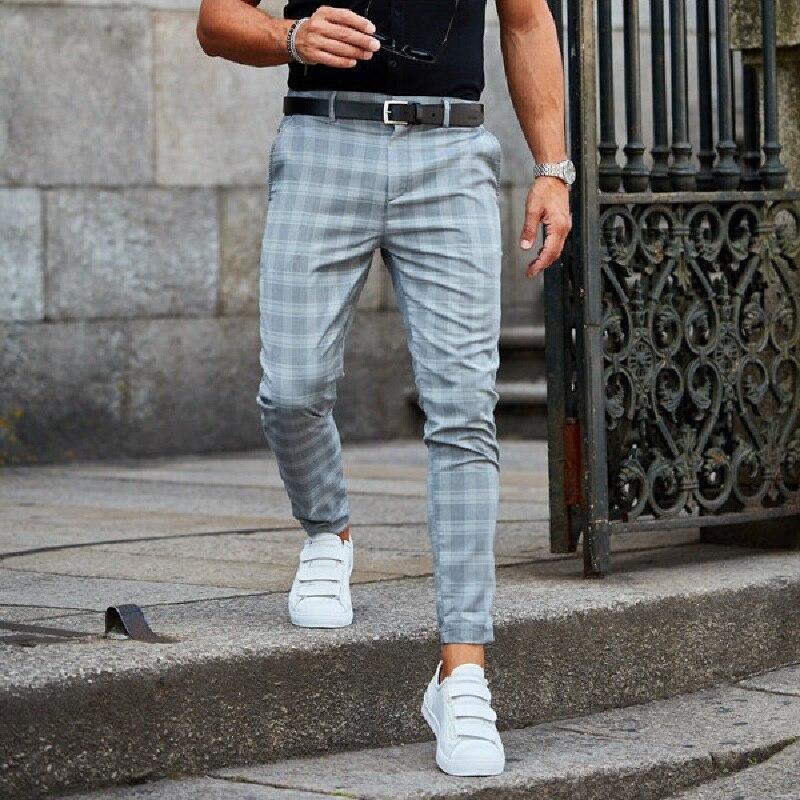 Men's checked slim fit trousers with tapered legs