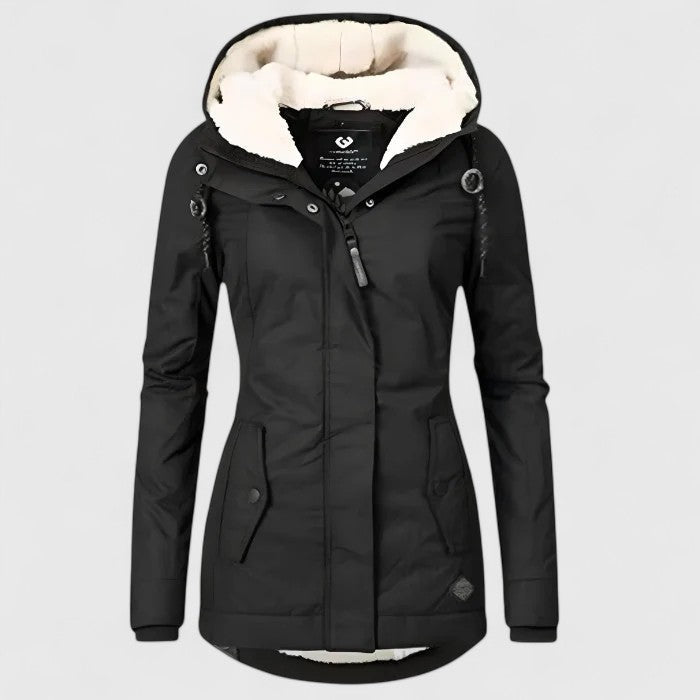 Women's hooded winter jacket with long sleeves, drawcord hood and front pockets