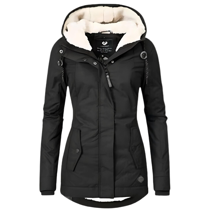 Women's hooded winter coat with fur-lined hood and front pockets