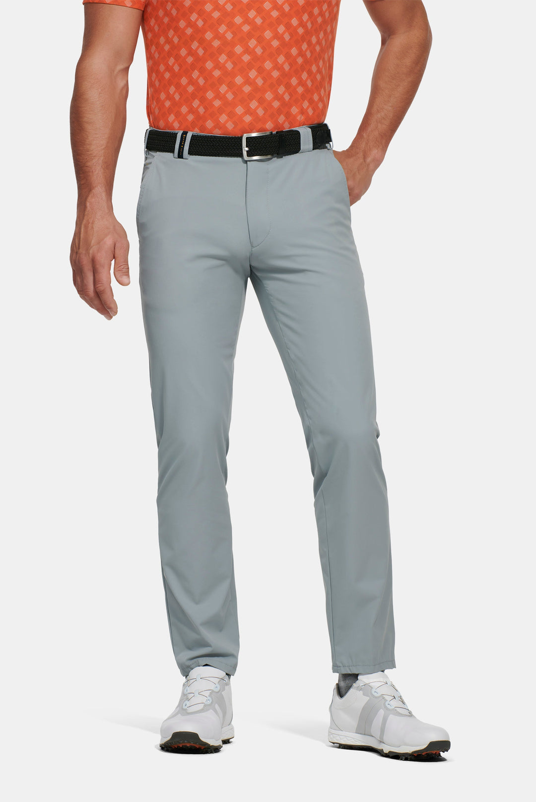 Straight leg golf chino trousers with belt loops and pockets