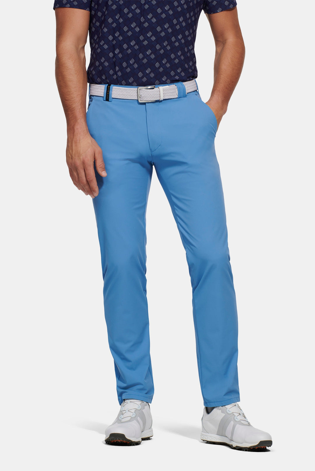 Straight leg golf chino trousers with belt loops and pockets