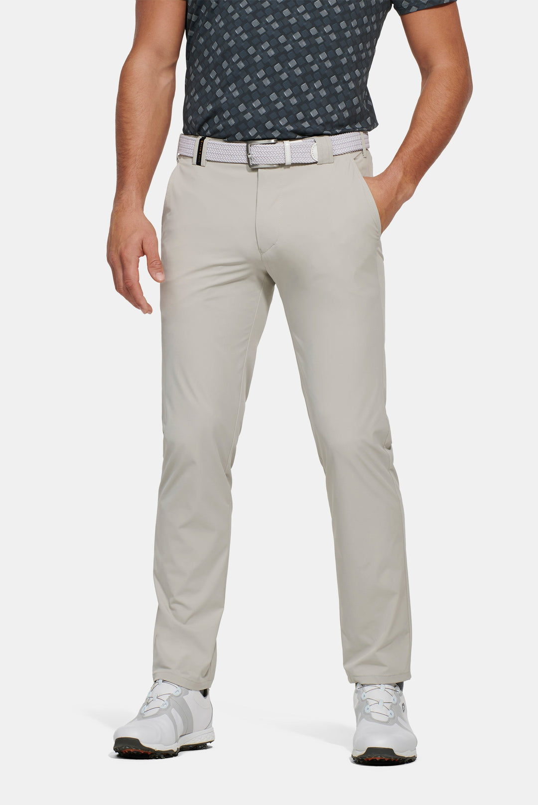 Straight leg golf chino trousers with belt loops and pockets