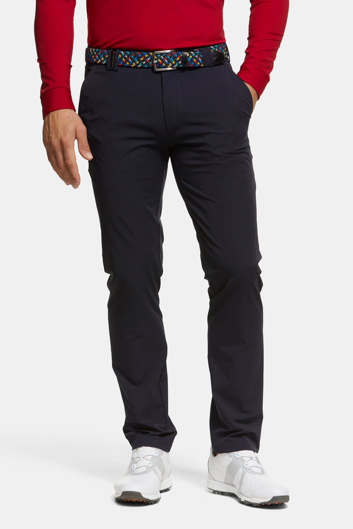Straight leg golf chino trousers with belt loops and pockets