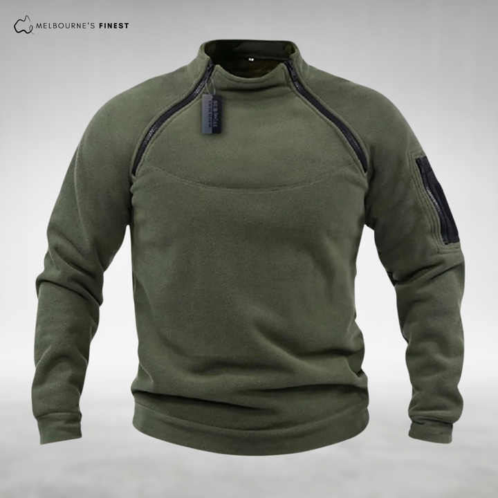 Men's high collar fleece pullover with chest and sleeve zip details