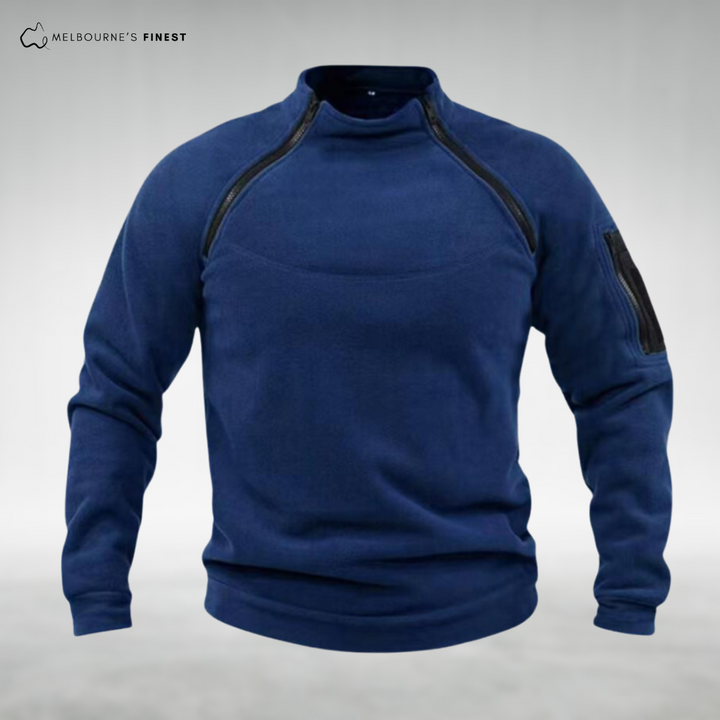 Men's high collar fleece pullover with chest and sleeve zip details