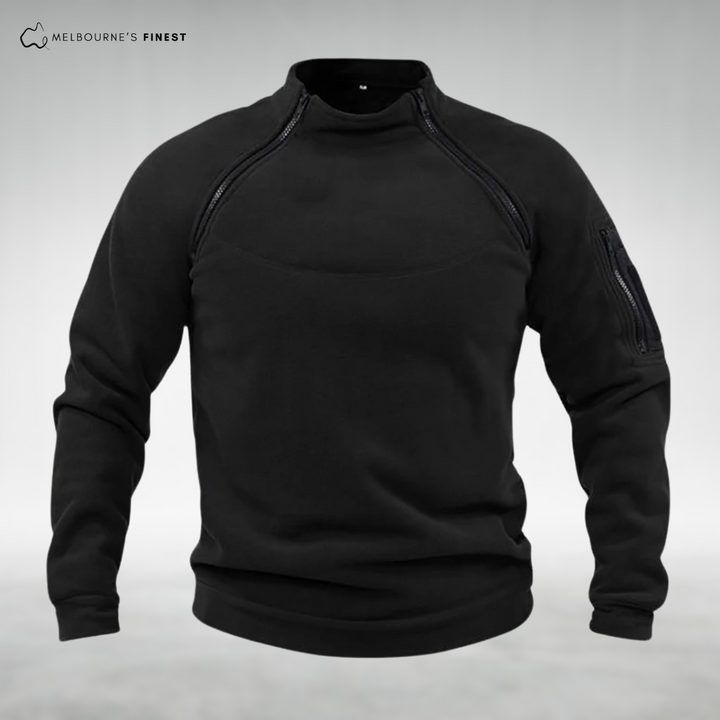 Men's high collar fleece pullover with chest and sleeve zip details