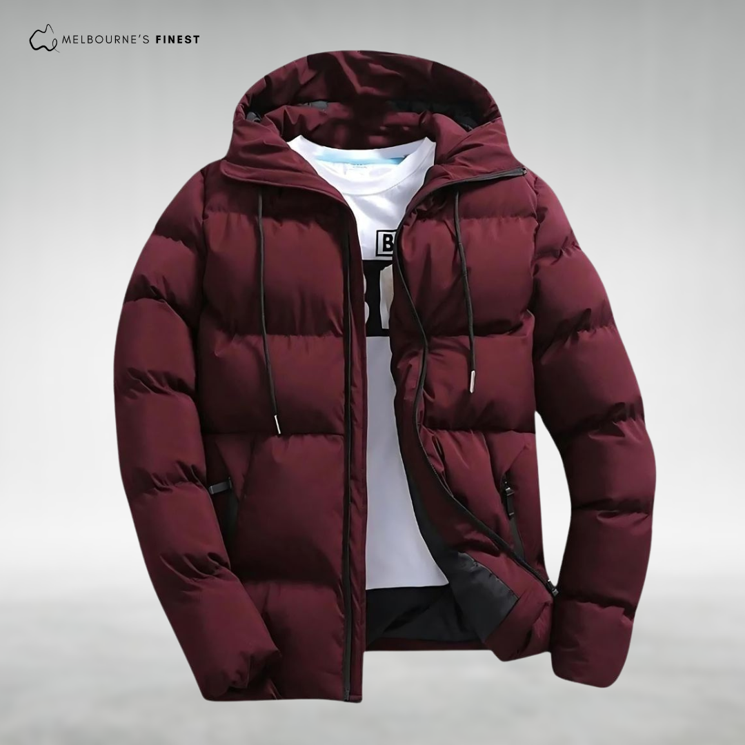 Men's quilted hooded puffer jacket with long sleeves and zip front