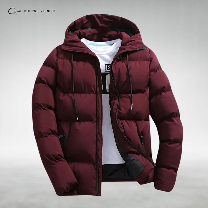 Men's quilted hooded puffer jacket with long sleeves and zip front