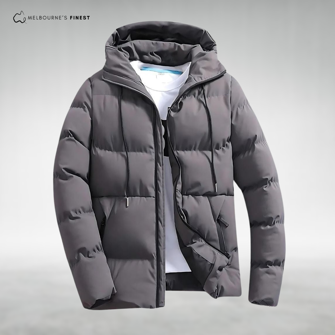Men's quilted hooded puffer jacket with long sleeves and zip front