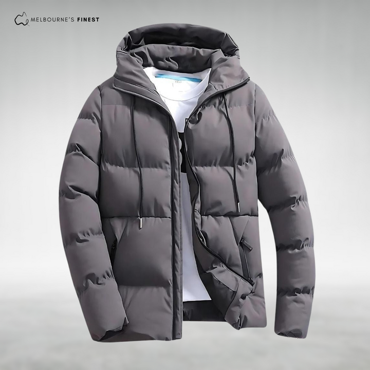 Men's quilted hooded puffer jacket with long sleeves and zip front