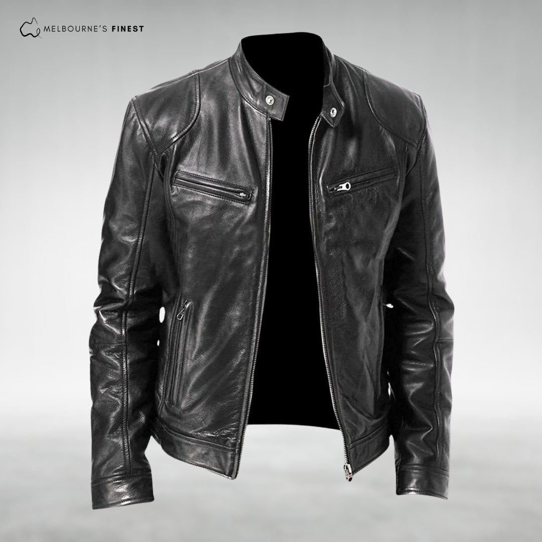 Men's leather-style biker jacket with zipped pockets