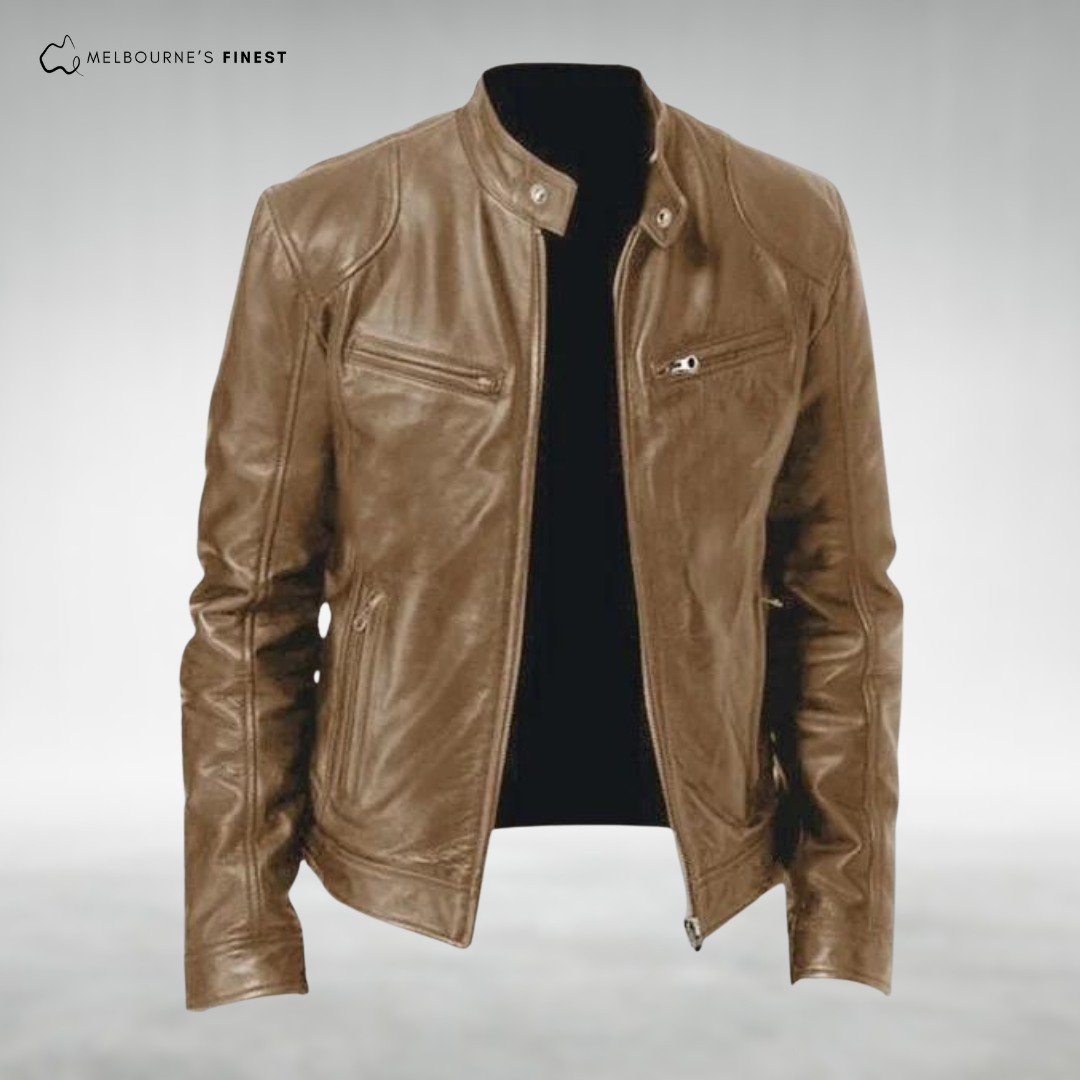 Men's leather-style biker jacket with zipped pockets