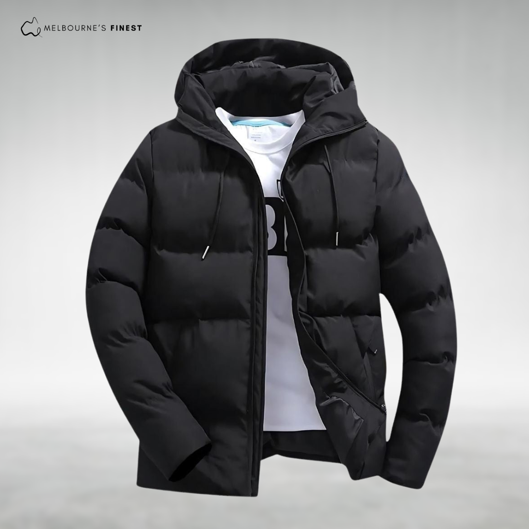 Men's quilted hooded puffer jacket with long sleeves and zip front