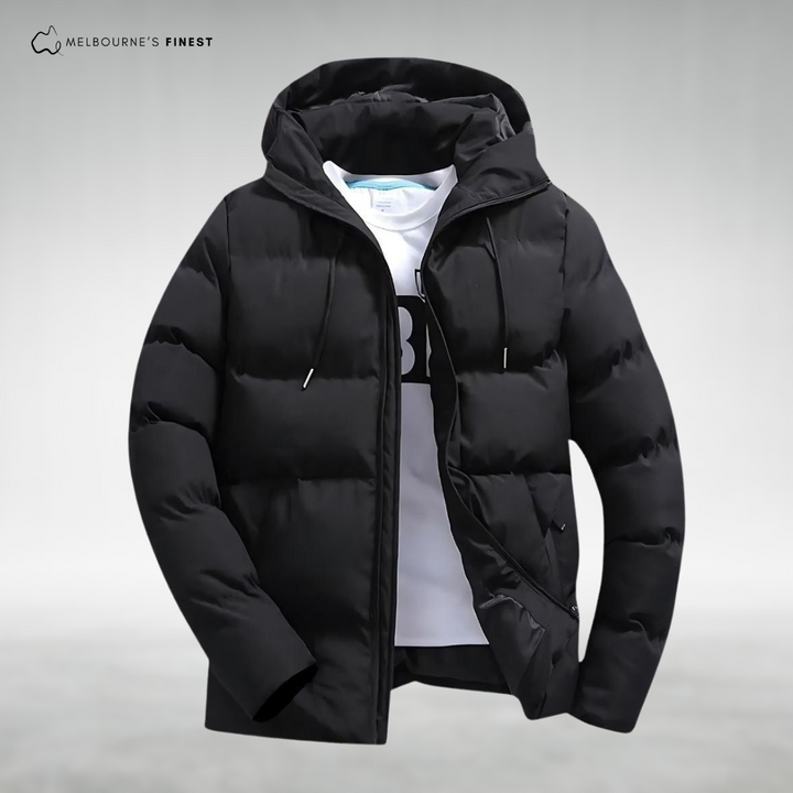 Men's quilted hooded puffer jacket with long sleeves and zip front