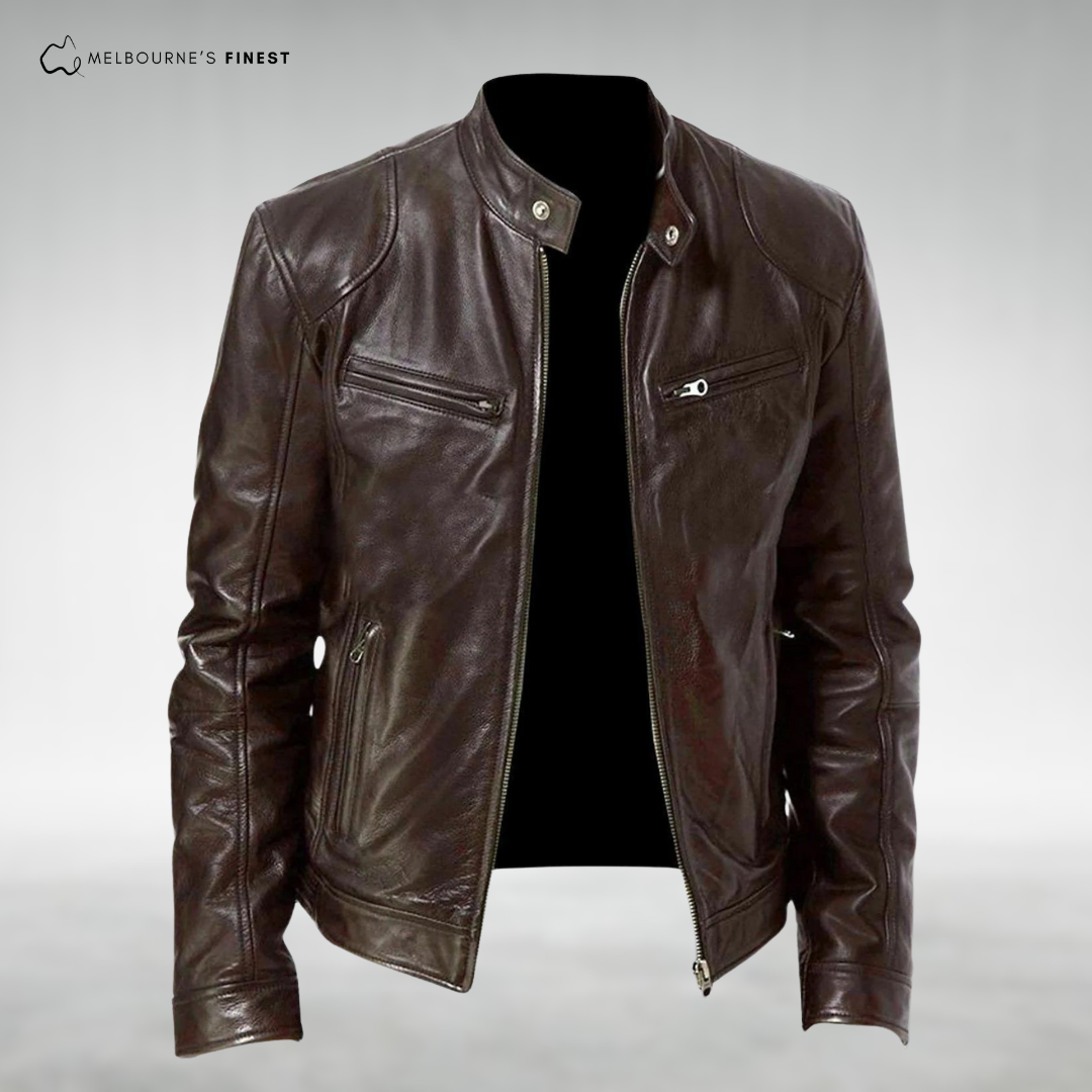Men's leather-style biker jacket with zipped pockets