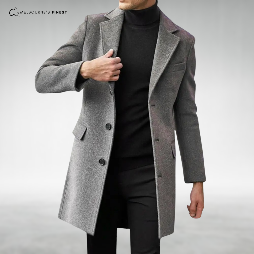 Men's long tailored coat with notched lapels and button front