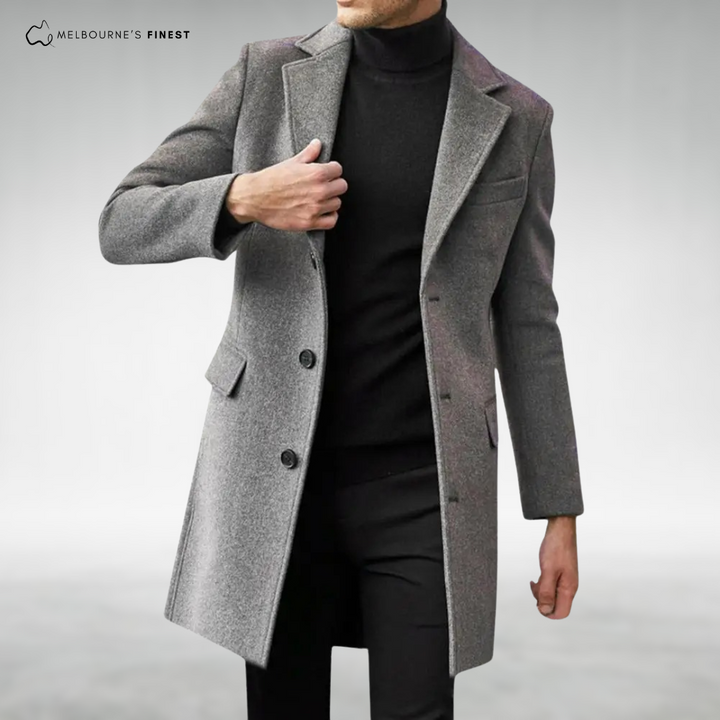 Men's long tailored coat with notched lapels and button front