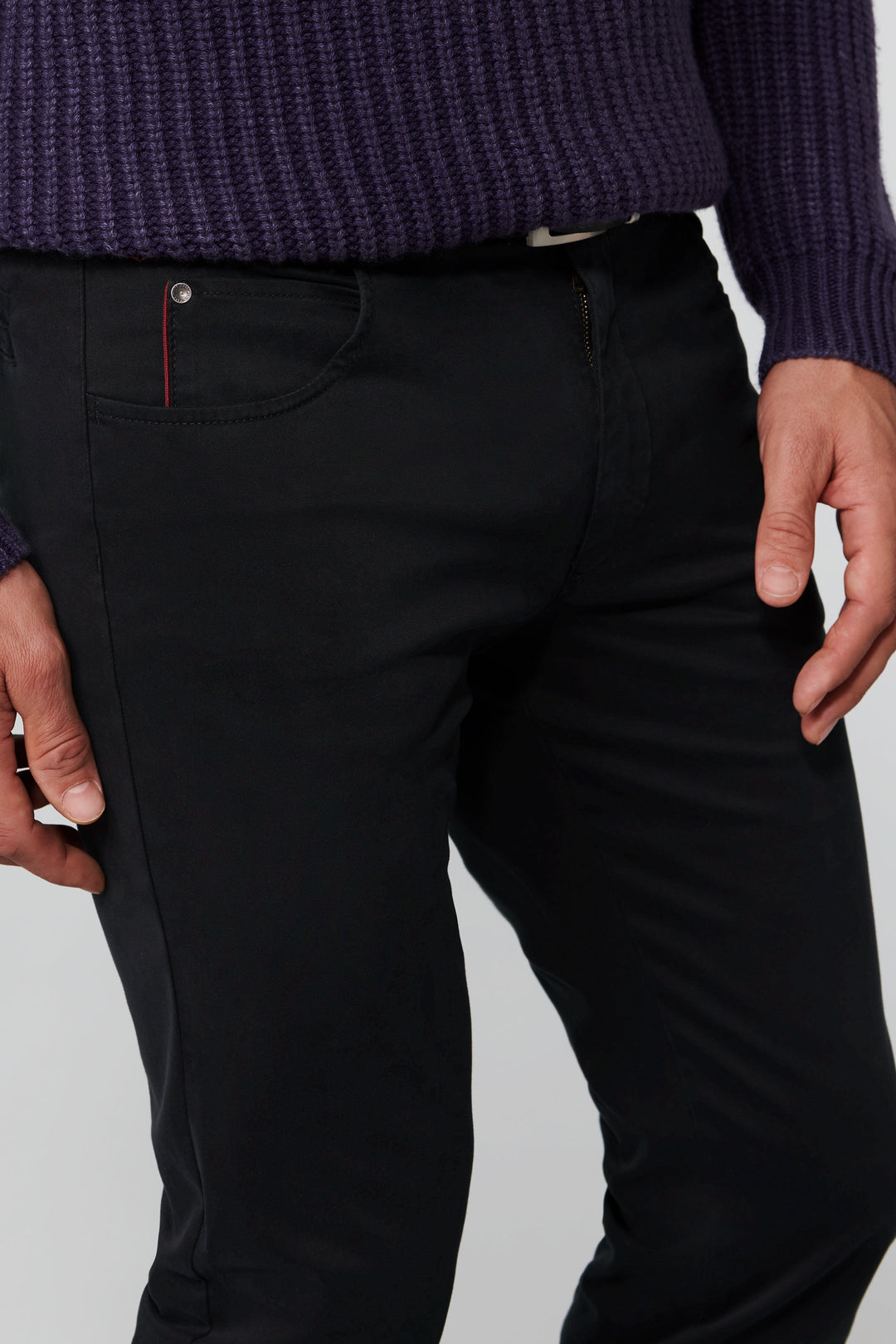 Men's straight leg trousers with five-pocket styling and belt loops