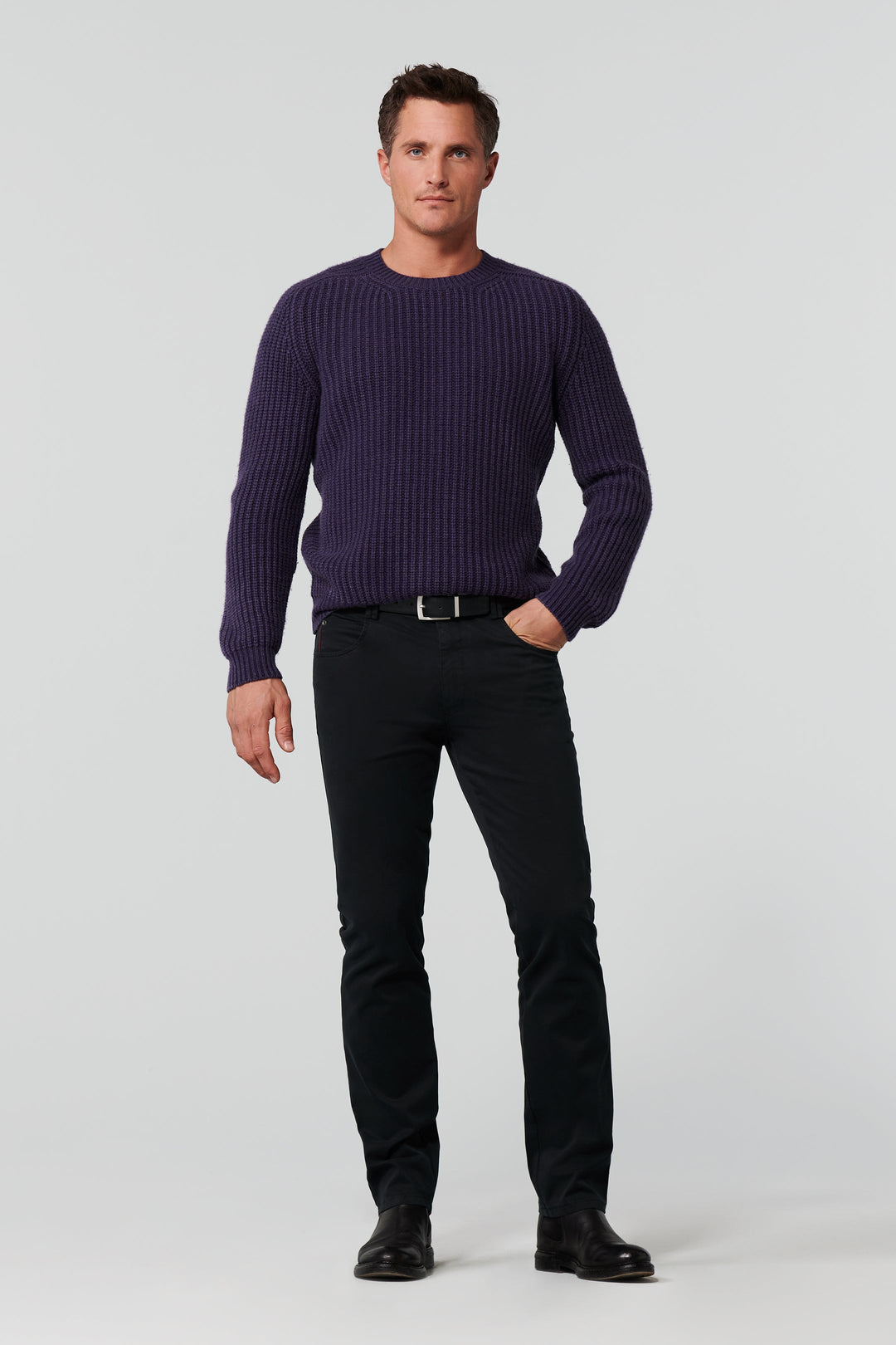 Men's straight leg trousers with five-pocket styling and belt loops