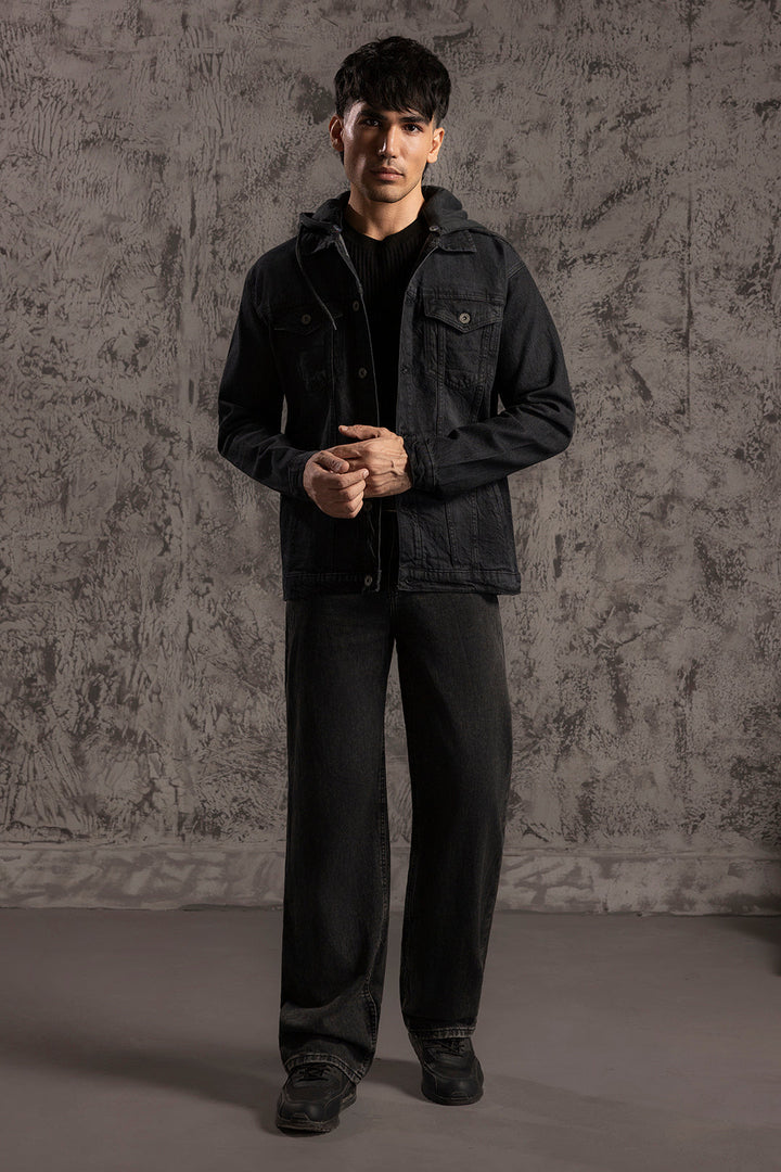 Men's black hooded jacket with button front, long sleeves and chest pockets