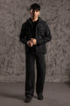 Men's black hooded jacket with button front, long sleeves and chest pockets