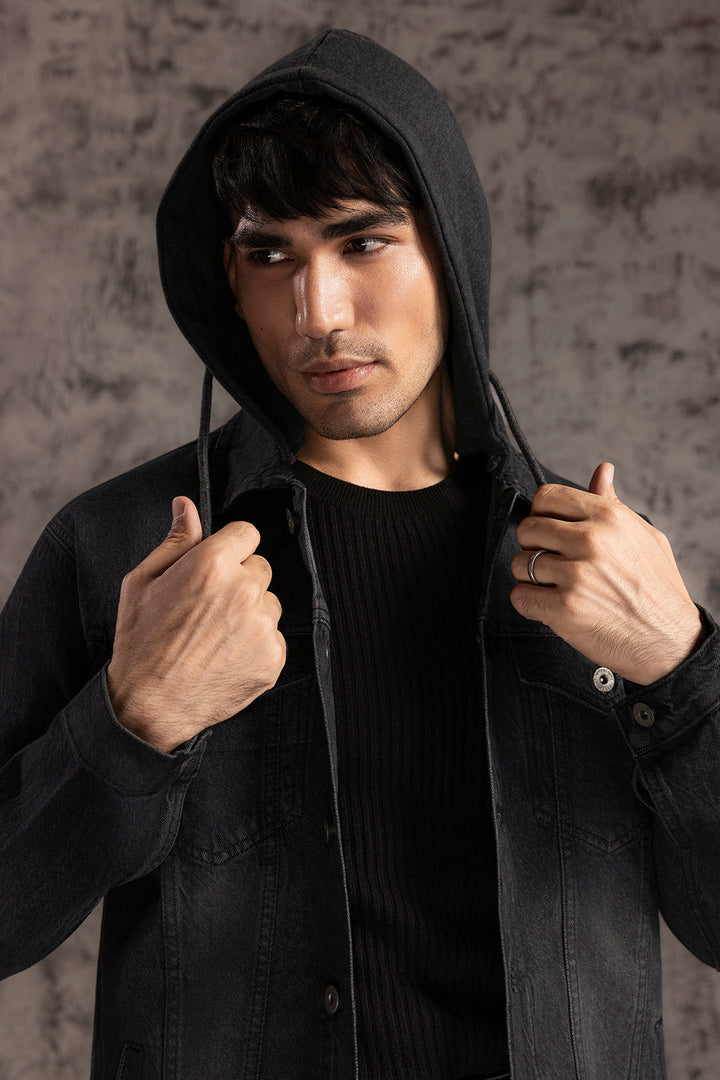 Men's black hooded jacket with button front, long sleeves and chest pockets