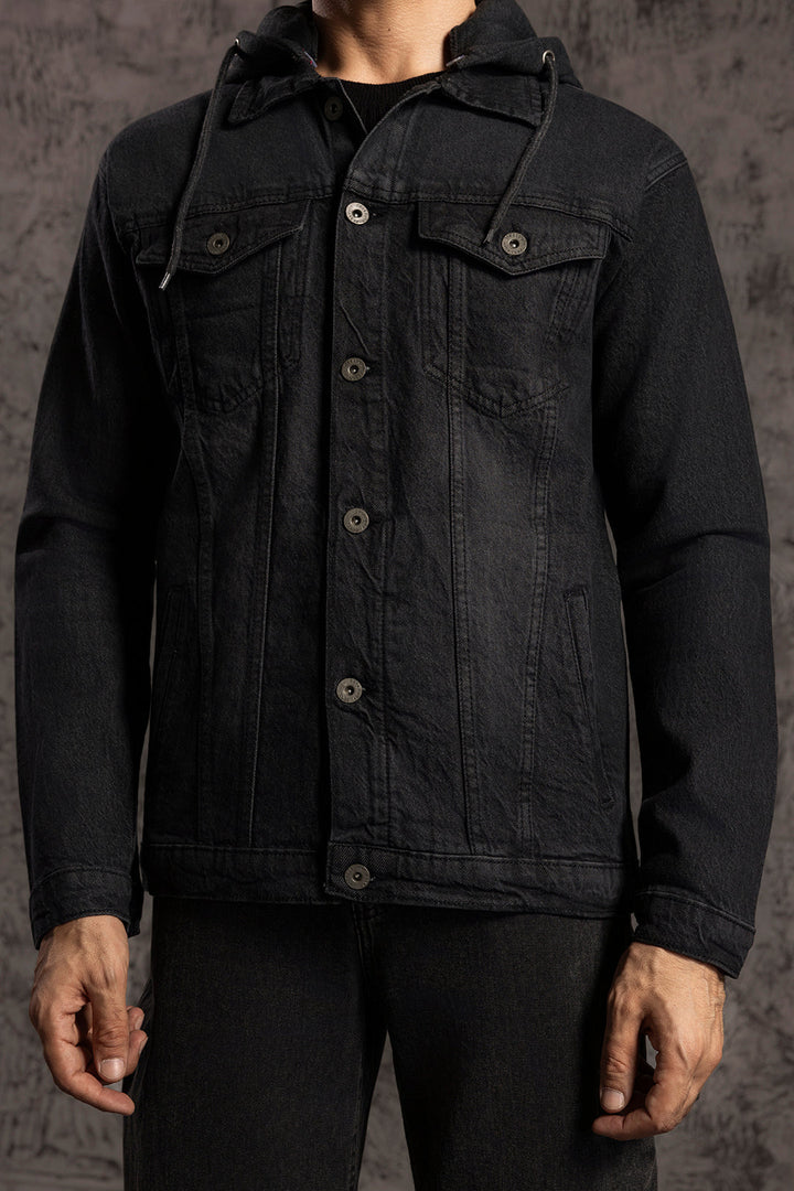 Men's black hooded jacket with button front, long sleeves and chest pockets