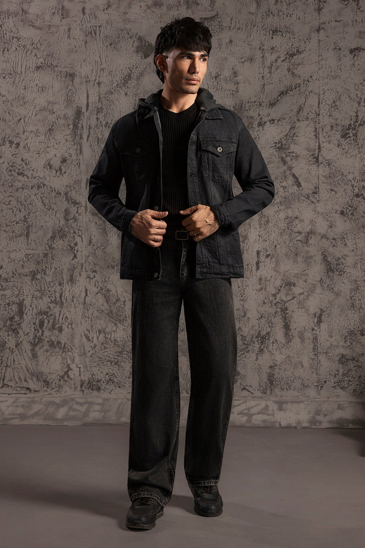 Men's black hooded jacket with button front, long sleeves and chest pockets