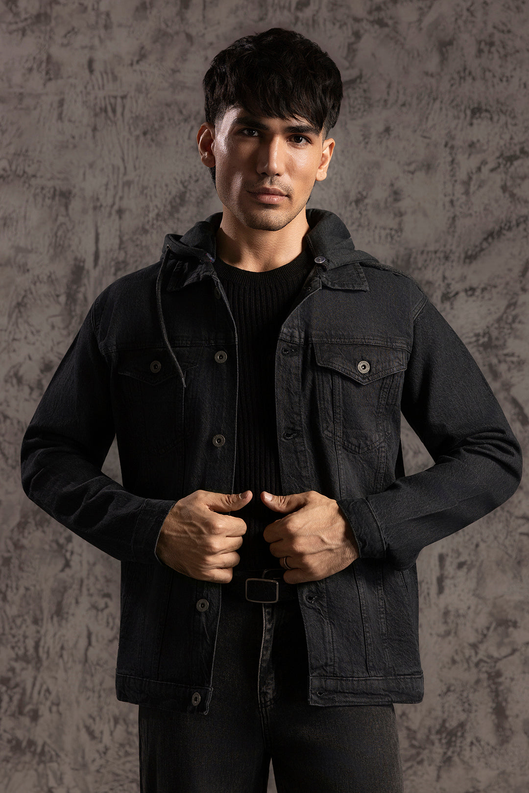 Men's black hooded jacket with button front, long sleeves and chest pockets