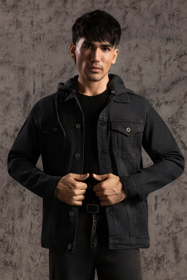 Men's black hooded jacket with button front, long sleeves and chest pockets