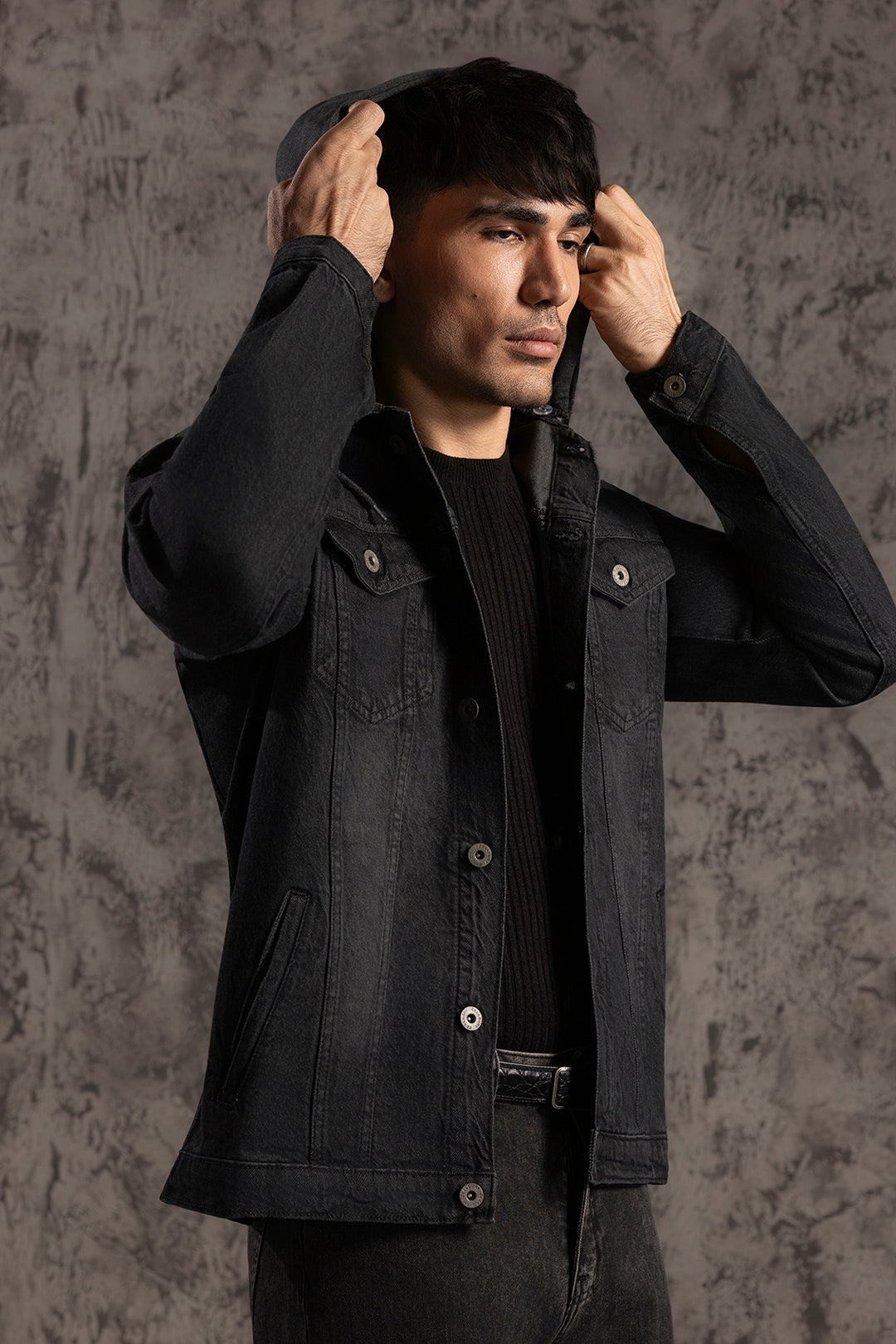 Men's black hooded jacket with button front, long sleeves and chest pockets