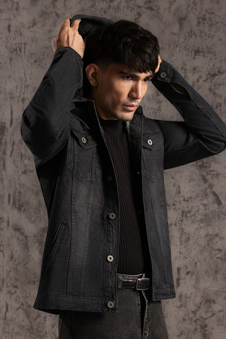 Men's black hooded jacket with button front, long sleeves and chest pockets