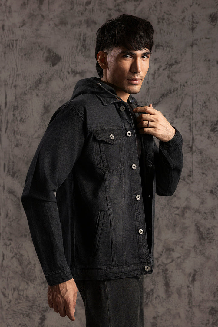 Men's black hooded jacket with button front, long sleeves and chest pockets