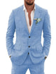 Men's tailored single breasted formal suit with two button jacket in light blue and beige.