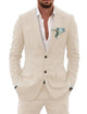 Men's tailored single breasted formal suit with two button jacket in light blue and beige.