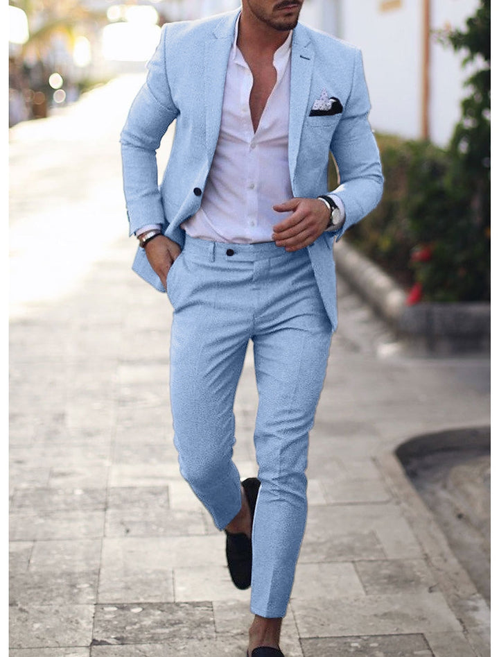 Men's tailored single breasted suit in navy blue and beige with white shirt