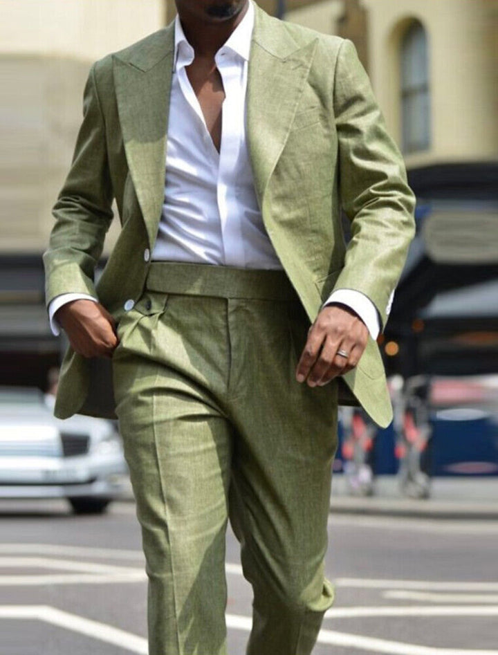 Men's tailored single breasted suit in olive green and navy blue with white shirt