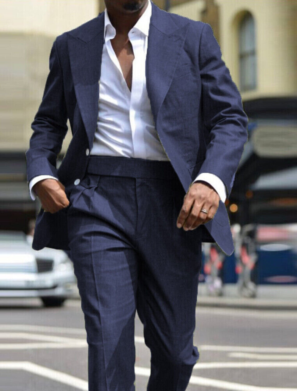 Men's tailored single breasted suit in olive green and navy blue with white shirt