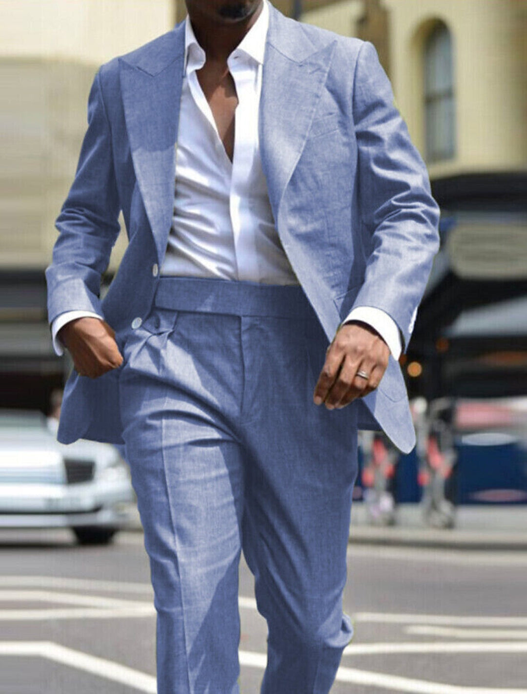 Men's tailored single breasted suit in olive green and navy blue with white shirt