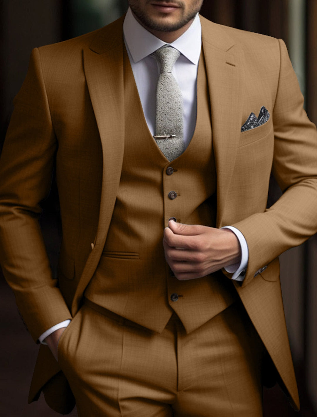 Men's tailored three-piece wedding suit with single breasted jacket, waistcoat and trousers