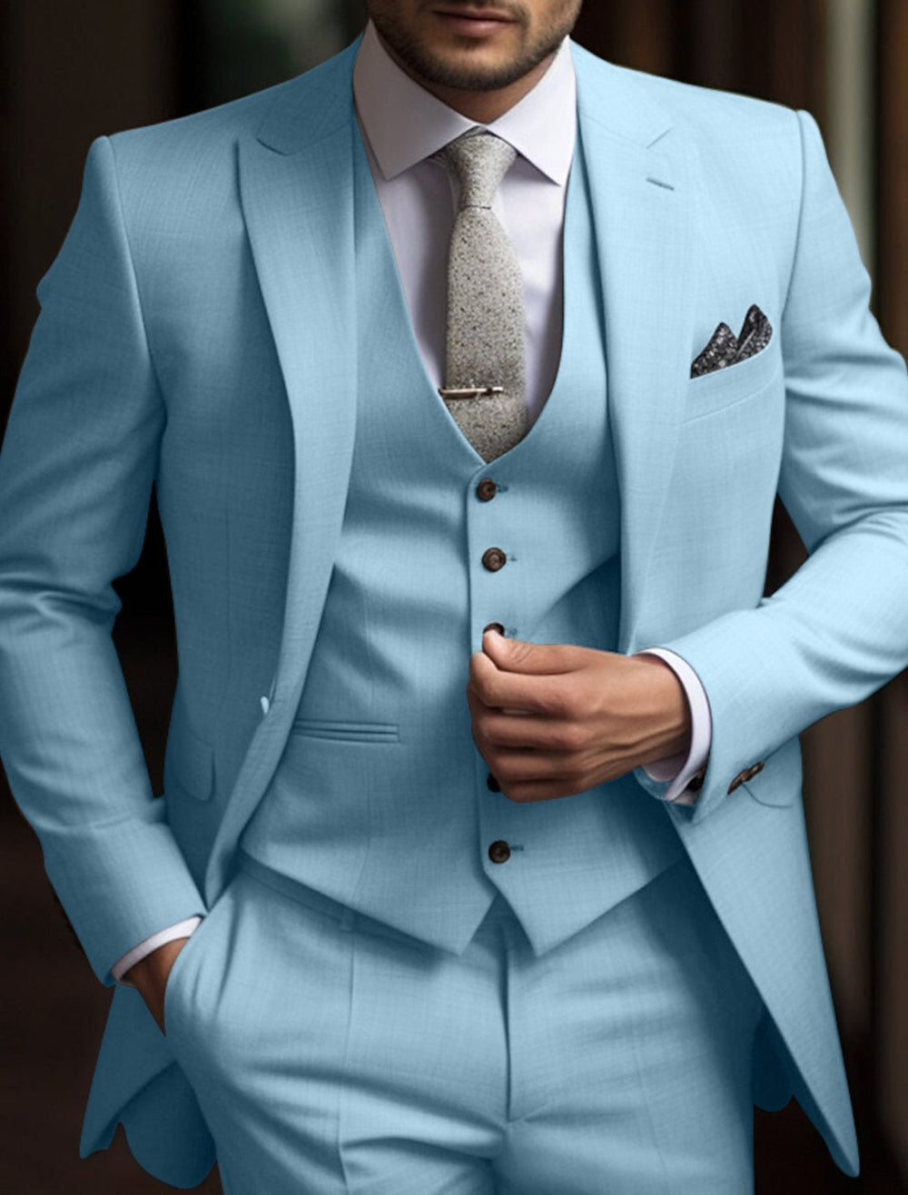 Men's tailored three-piece wedding suit with single breasted jacket, waistcoat and trousers