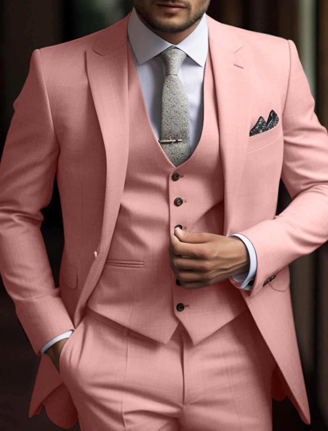 Men's tailored three-piece wedding suit with single breasted jacket, waistcoat and trousers