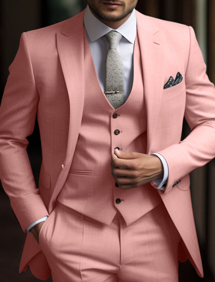 Men's tailored three-piece wedding suit with single breasted jacket, waistcoat and trousers