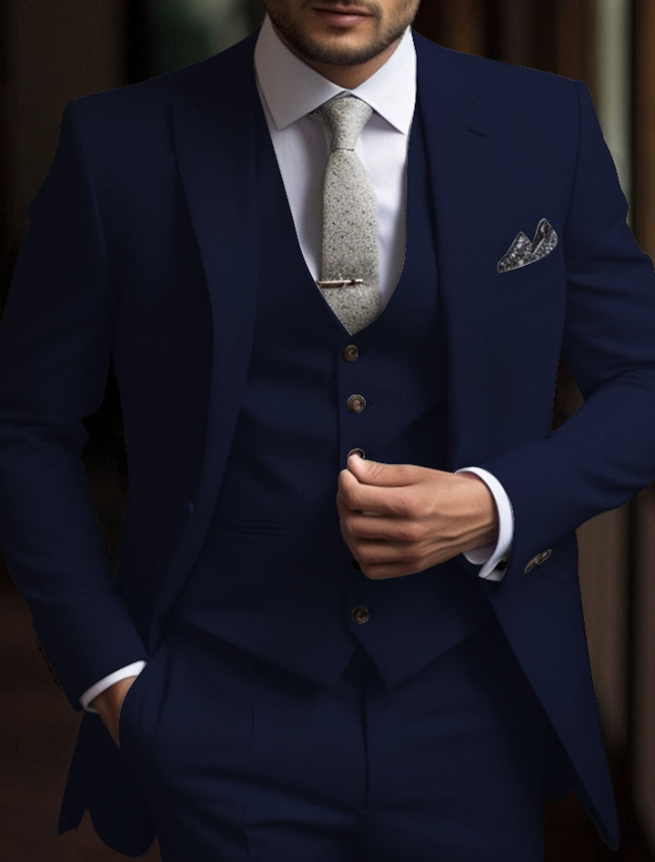 Men's tailored three-piece wedding suit with single breasted jacket, waistcoat and trousers